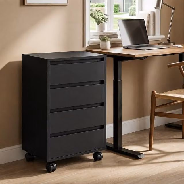 STILVORA 4-Drawer Black Filing Cabinet with Castors