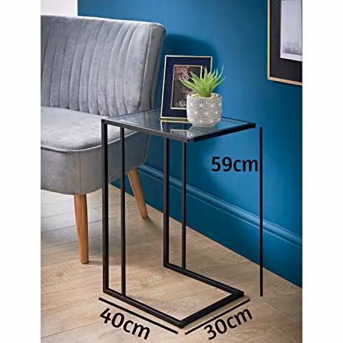 Spot On Dealz C-Shaped Side Table with Black Metal Frame and Transparent Glass Top, W/D/H: 40 x 30 x 59 cm – 2