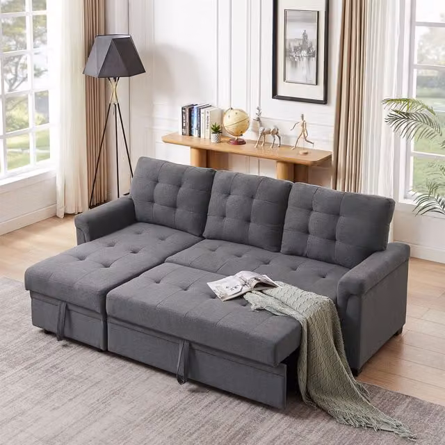 Furniture One 3 Seater Reversible L-Shape Corner Sofa Bed with Storage in Grey Linen Fabric