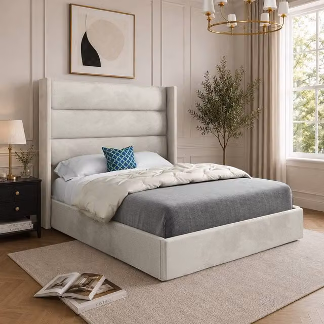 Casani Ramsey Upholstered Velvet Designer Bed Frame in Beige, W/D/H: 180 x 137 x 159 cm