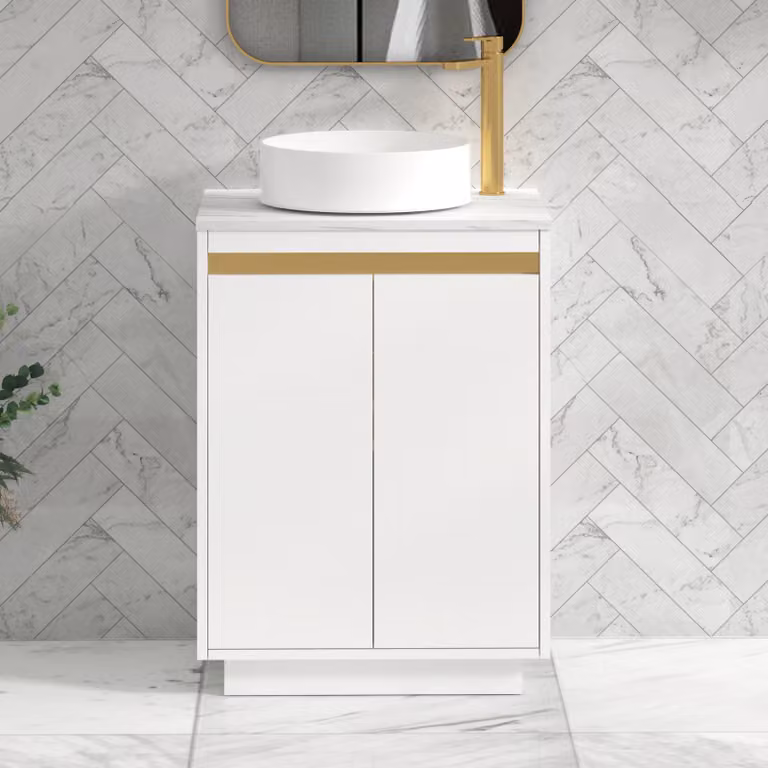 Royal Bathrooms Orion 2 Door Matt White Floor Standing Vanity Unit with Carrara White Stone Top and Countertop Basin featuring Brushed Brass Accent Trim
