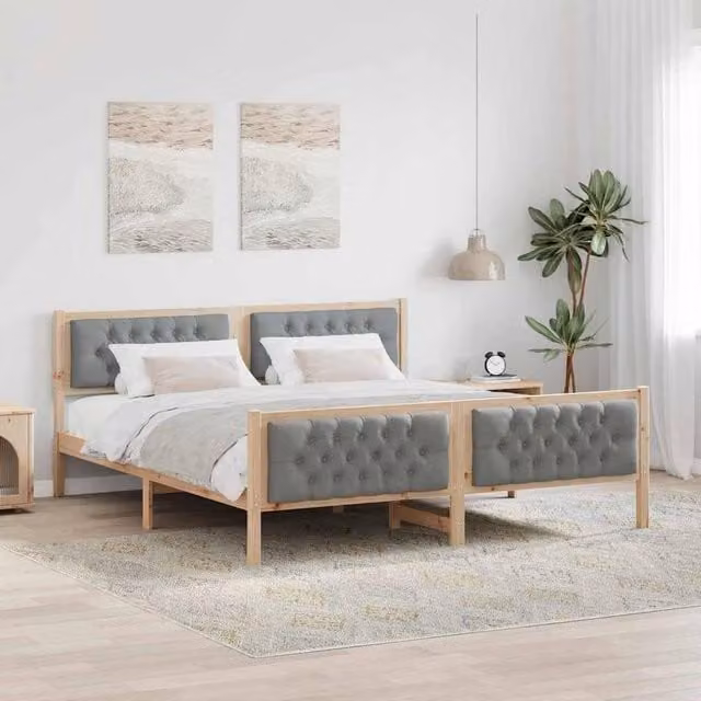 Berkfield Home Upholstered Bed Frame in Grey Solid Pine Wood, W/D/H: 180 x 200 cm