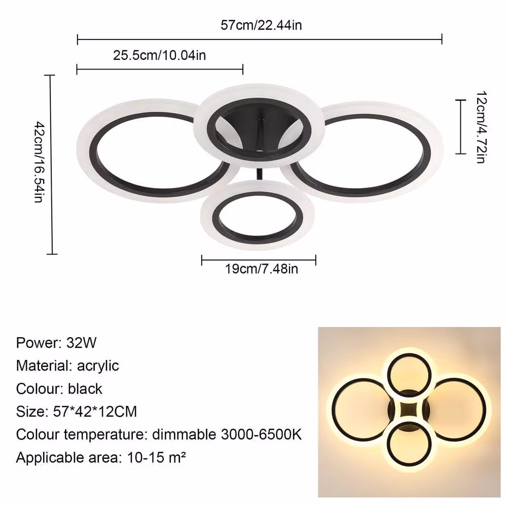 Pheashine Bright Acrylic Ring Ceiling Light in Black with Remote Control, 32W, 3000-6500K – 3