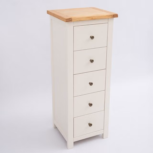 Cabinet Bits Maggiori 5 Drawer Narrow Chest of Drawers in Off-White with Brass Knobs
