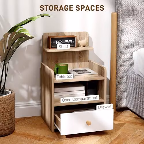 HOMCOM Bedside Table with Drawer in White Natural Wood Effect, W/D/H: 40 x 35 x 60 cm – 3