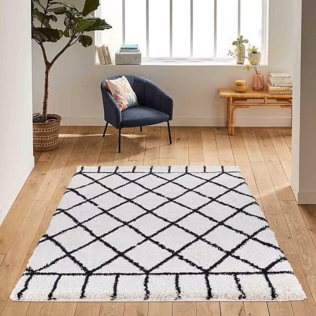 Desire Rugs Moroccan Berber Shaggy Rectangular Rug with Diamond Design in Stone, Yellow and White, W: 200 cm, D: 290 cm
