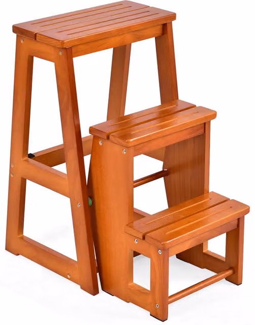 Costway Multifunctional 3 Tier Folding Step Stool in Brown Walnut