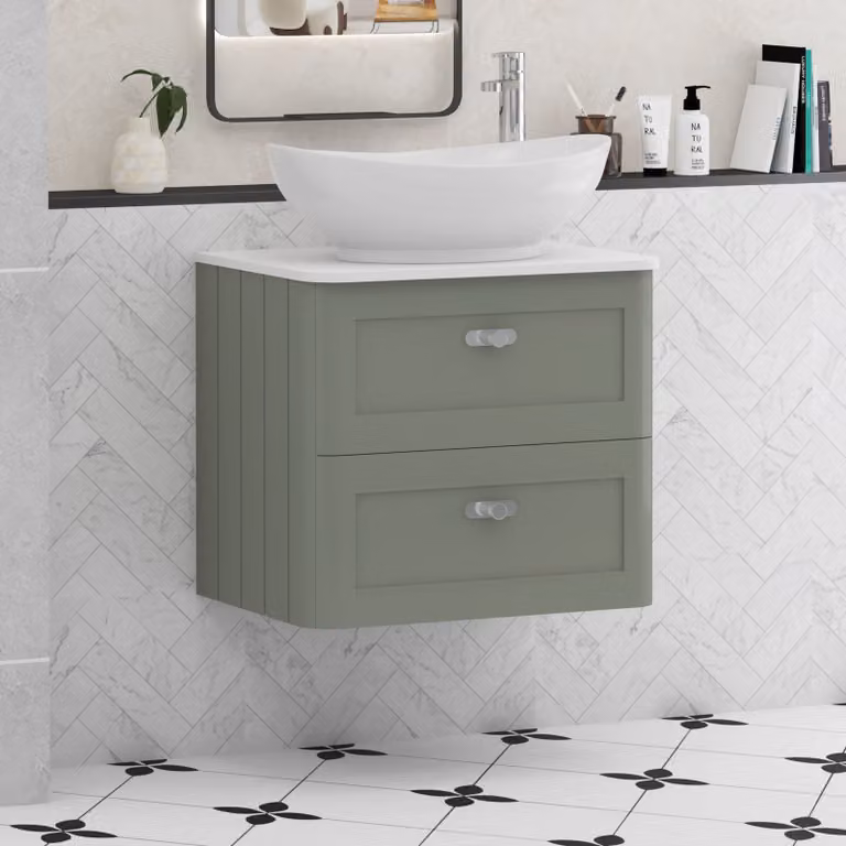 Royal Bathrooms Henley 600mm Sage Green Wall Hung Vanity Unit with 2 Drawers, Plain White Worktop, Amaze Basin and Chrome Knob