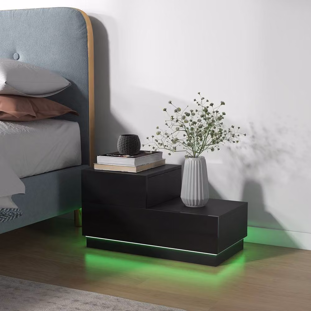 STILVORA Black Glossy Bedside Table with 2 Drawers and Integrated LED Lighting – 3