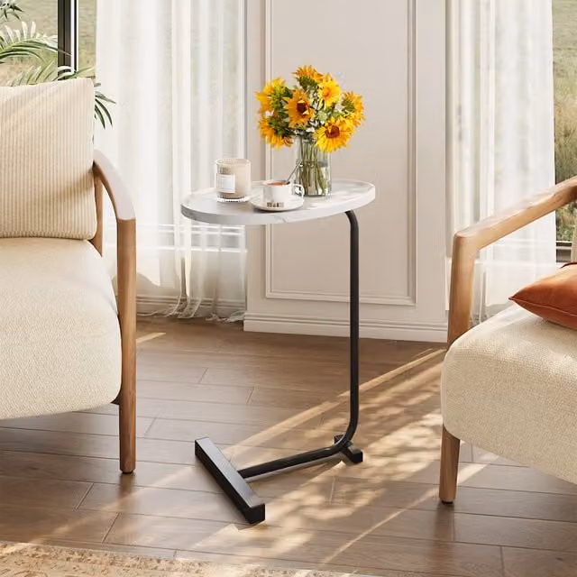 Livingandhome Minimalist Round Side Table with Metal Frame and MDF Top in Black and White