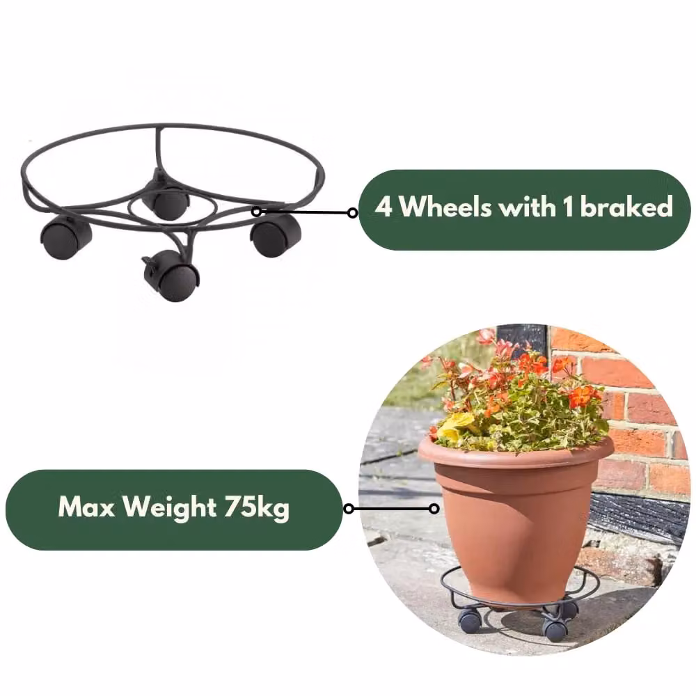 Marco Paul Black Metal Round Plant Pot Caddy, Diameter: 33 cm – 5