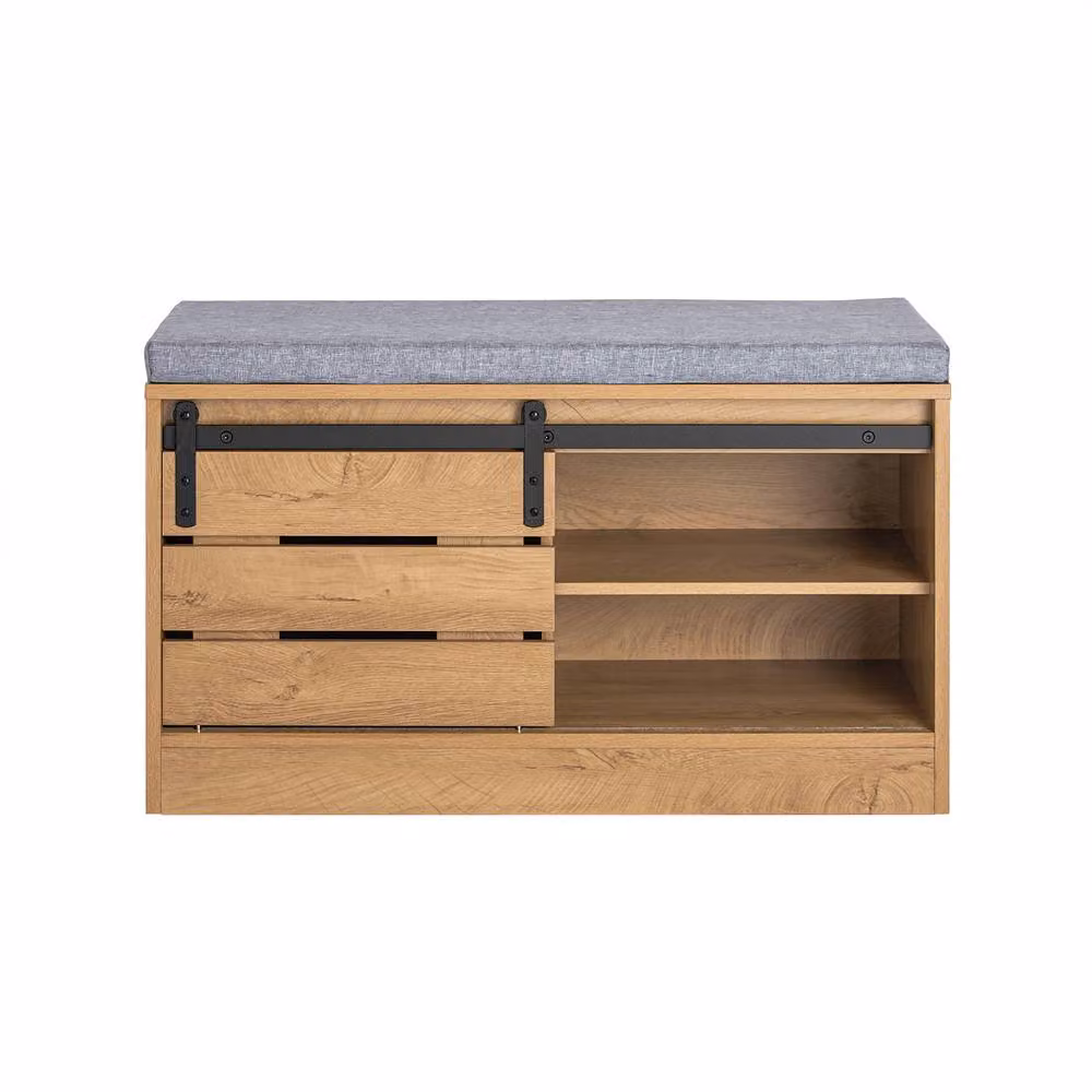 SoBuy Industrial Shoe Cabinet with Seat and Sliding Barn Doors in Light Oak – 2