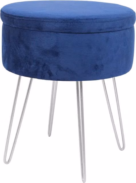 Harbour Housewares Round Velvet Storage Footstool with Silver Legs in Blue, H45 x D36 cm