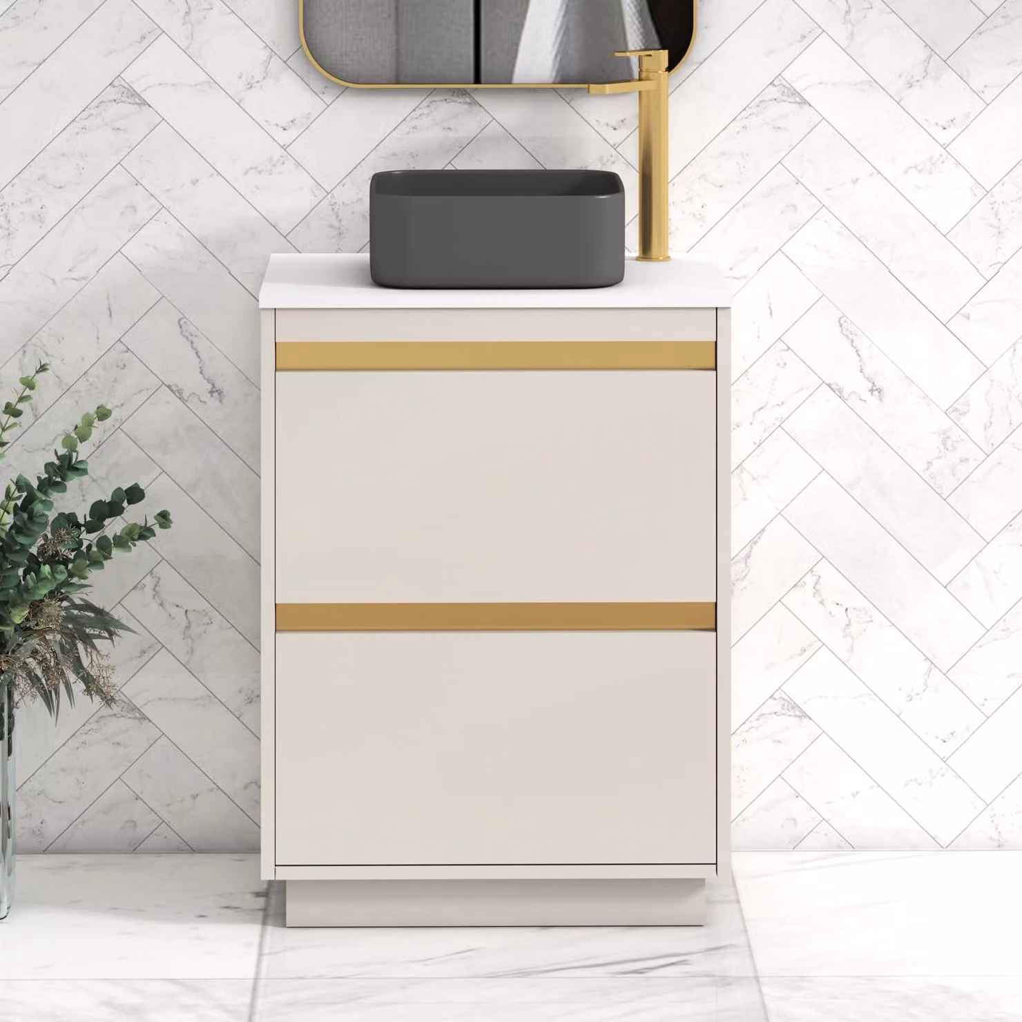 Royal Bathrooms Orion 600mm Warm Taupe Floor Standing 2 Drawer Vanity Unit with White Art Square Basin and Brushed Brass Trim