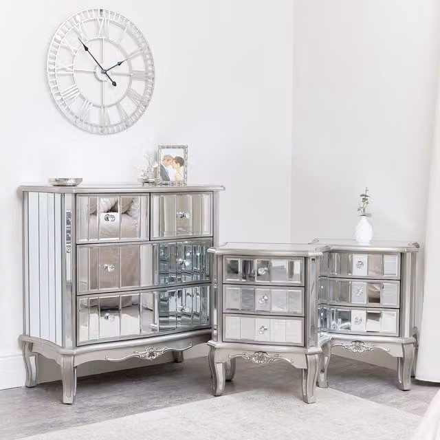 Melody Maison Tiffany Range Silver Mirrored Chest of Drawers and Pair of 3 Drawer Bedside Tables