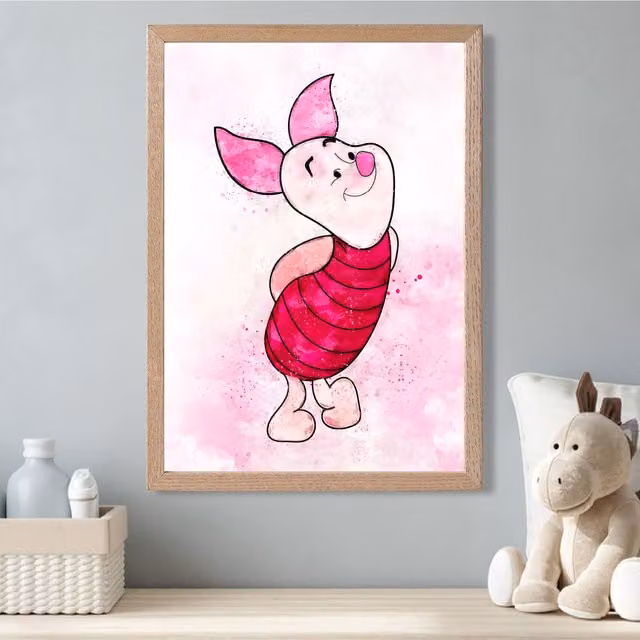 ARTZE Piglet Watercolour Winnie the Pooh Art Print with Oak Frame, Pink, A3
