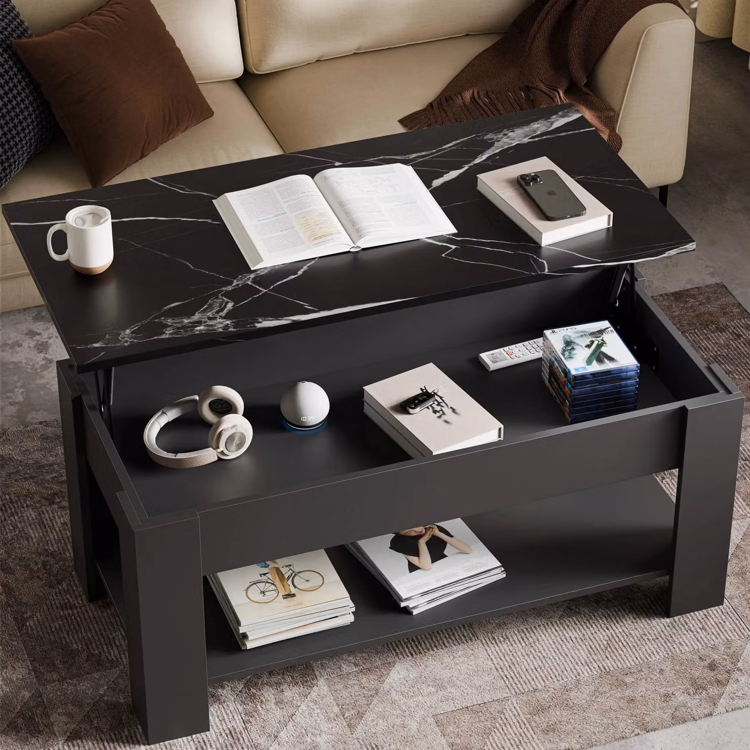 DHS Modern Rectangular Coffee Table with Lift Up Storage in Grey and Black Marble