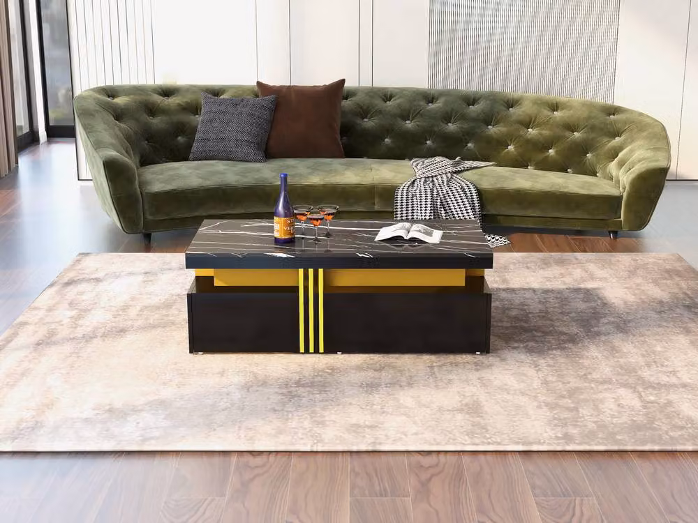 ModernLuxe Modern Rectangular Coffee Table with Marble Top and 2 Drawers in Black, W/D/H: 100 x 50 x 40 cm – 5