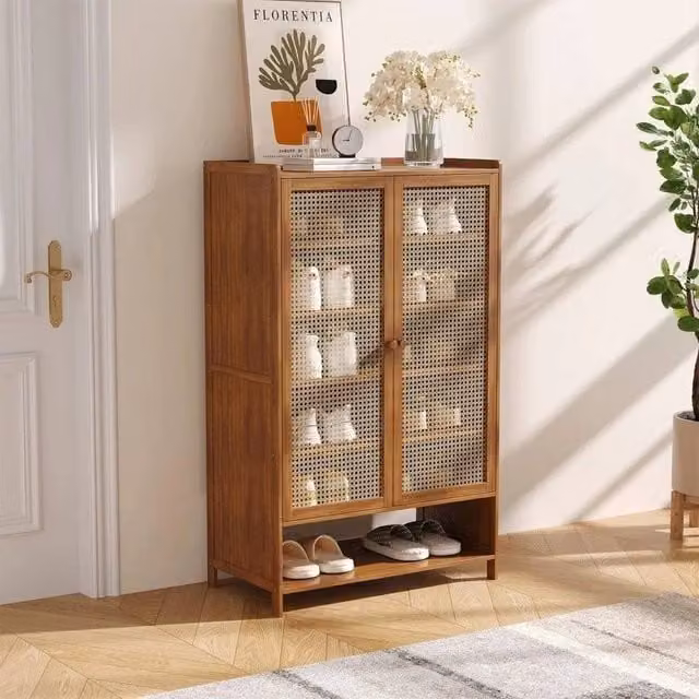 FLAVORA 7-Tier Wooden Shoe Rack Storage Organiser with 2 Doors in Natural Brown