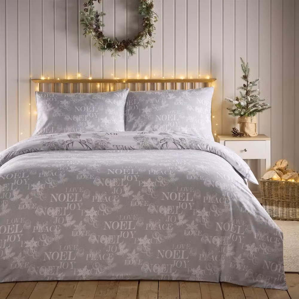 HomeSpace Direct Santa Joy Reversible Christmas Duvet Cover Set in Silver and White, W/D/H: 90 x 200 cm