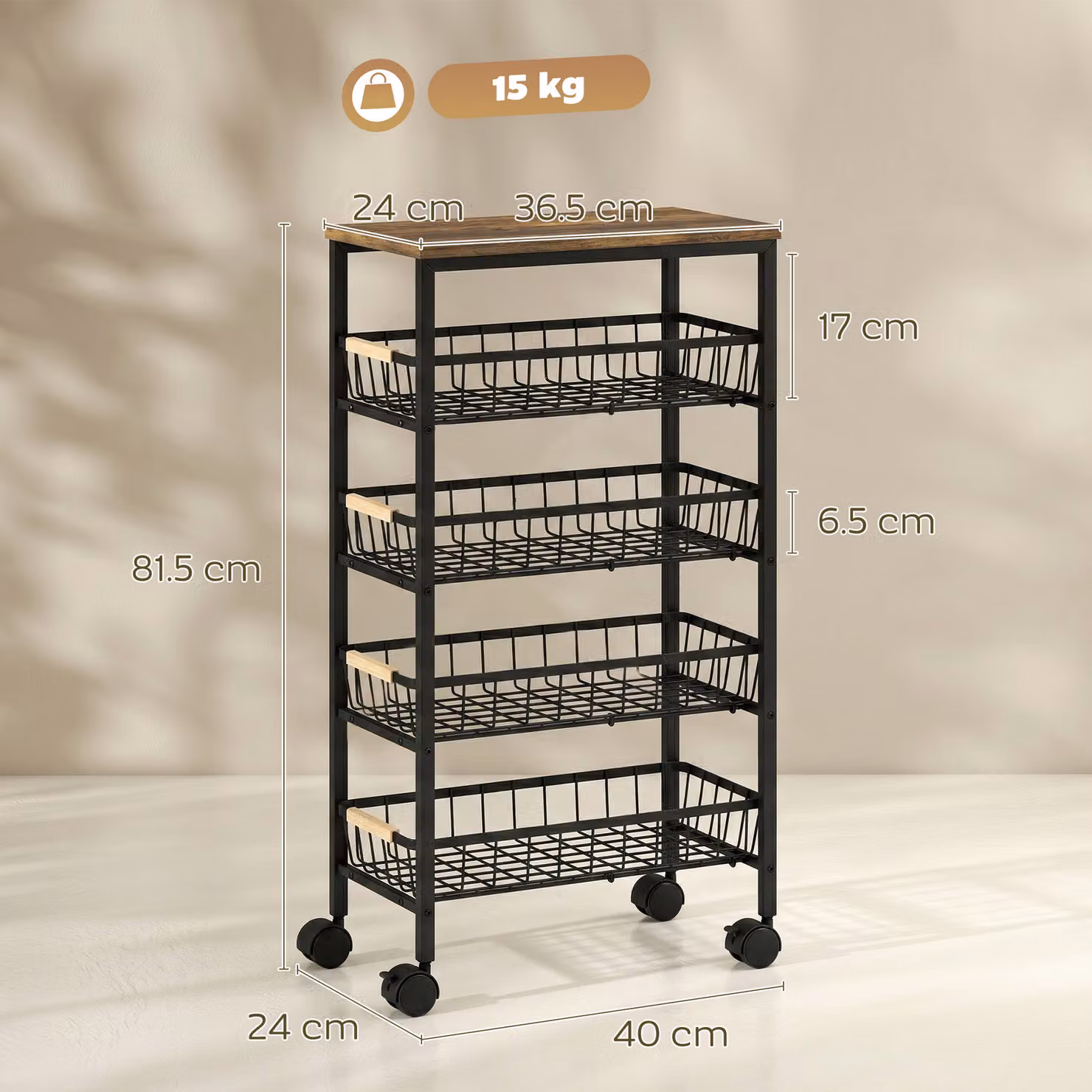 HOMCOM 4-Tier Metal Kitchen Trolley with Pull-Out Baskets and Swivel Casters, Rustic Brown – 3