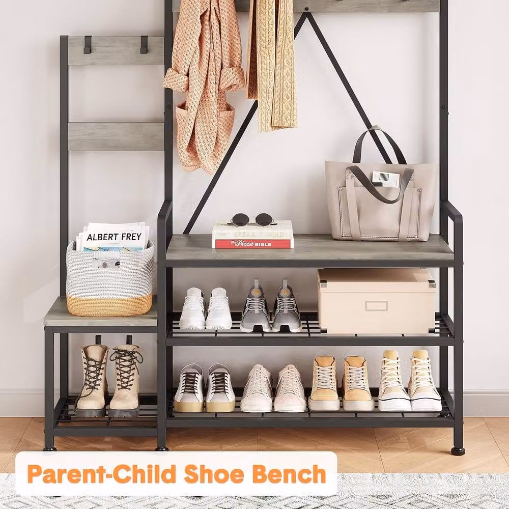 London Boutique Industrial Hall Tree with Shoe Rack Bench and Hooks in Grey – 4