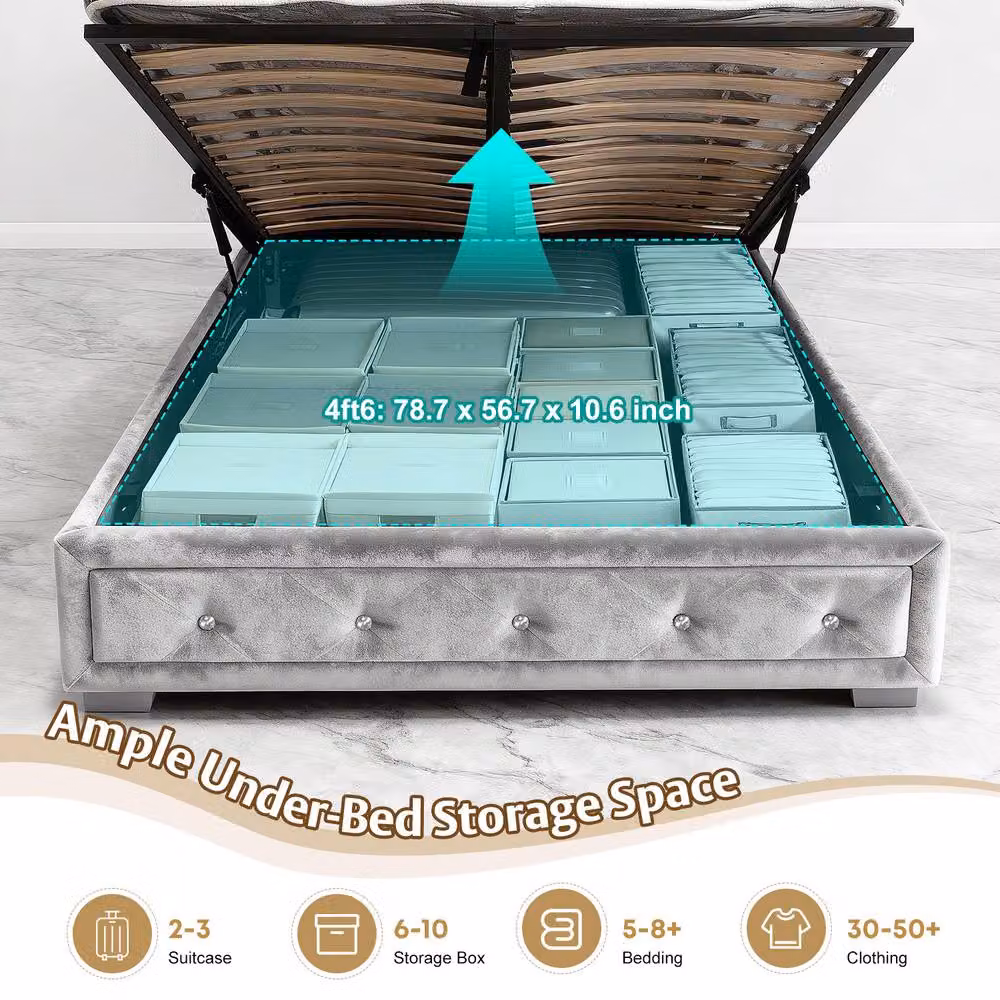 Comfy Living Ltd Silver Crushed Velvet Fabric Bedframe with Lift Up Base, W/D/H: 90 x 200 cm – 4