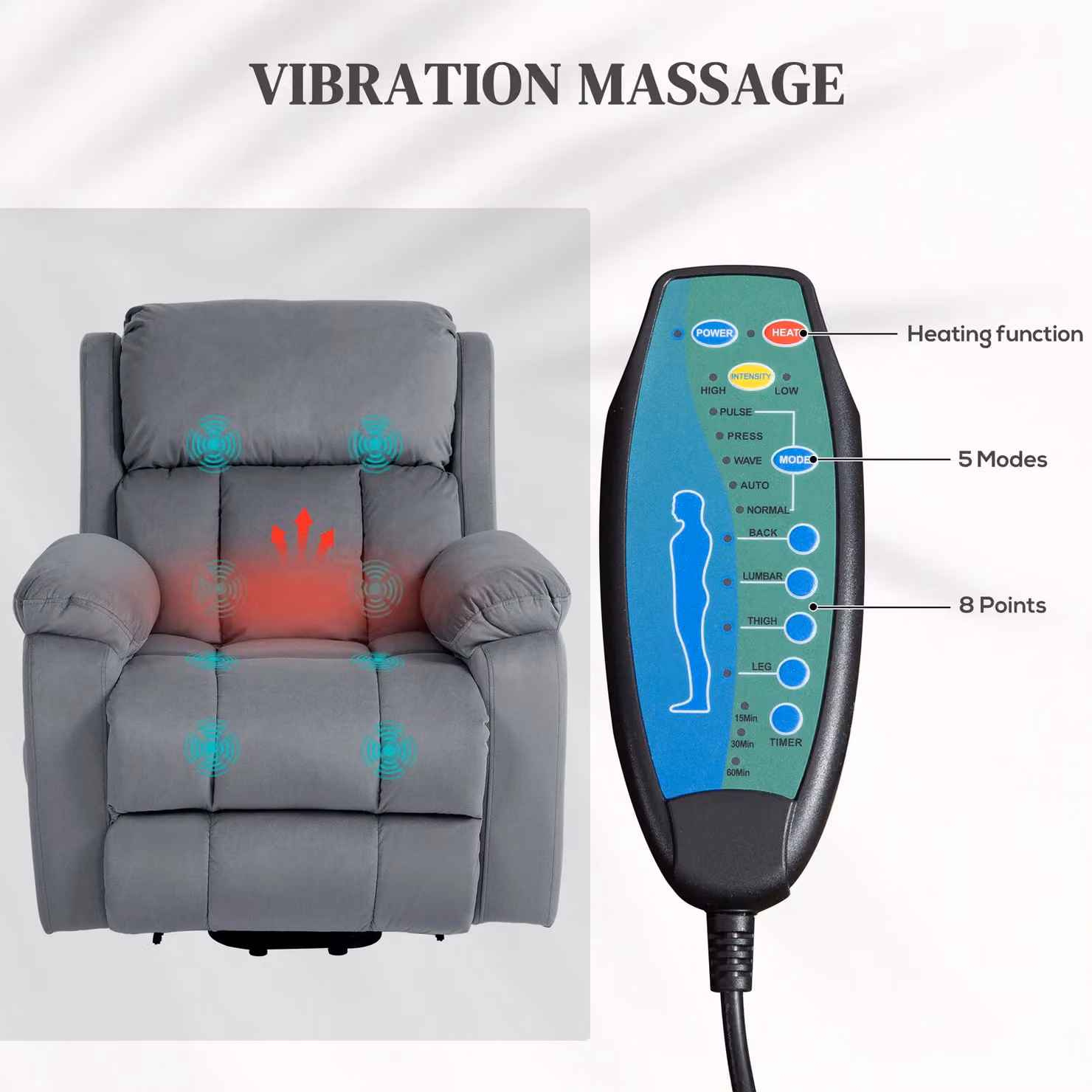 HOMCOM Grey Fabric Lift Chair with Vibration Massage and Heat Function – 4