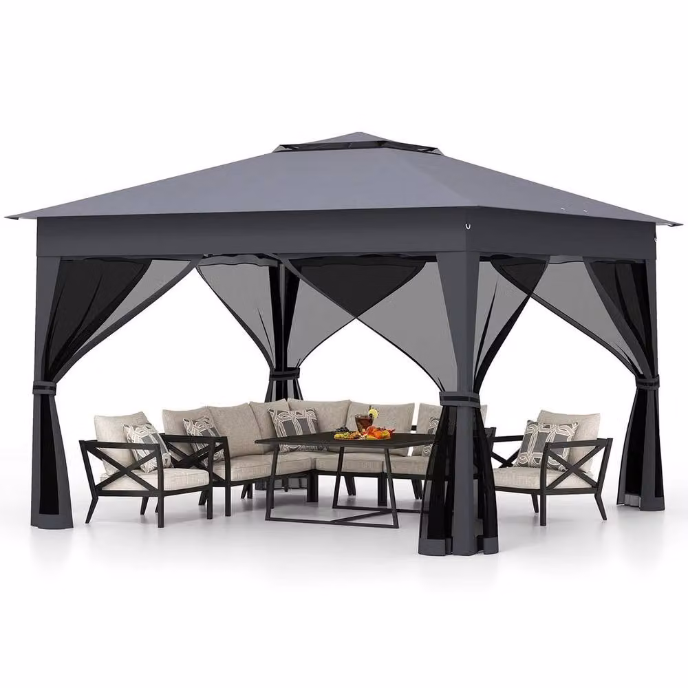 FLAVORA Grey Pop Up Gazebo with Height Adjustable Polyester Canopy, W: 3.3 m, D: 3.3 m, H: 2.6 m to 3.14 m – 3