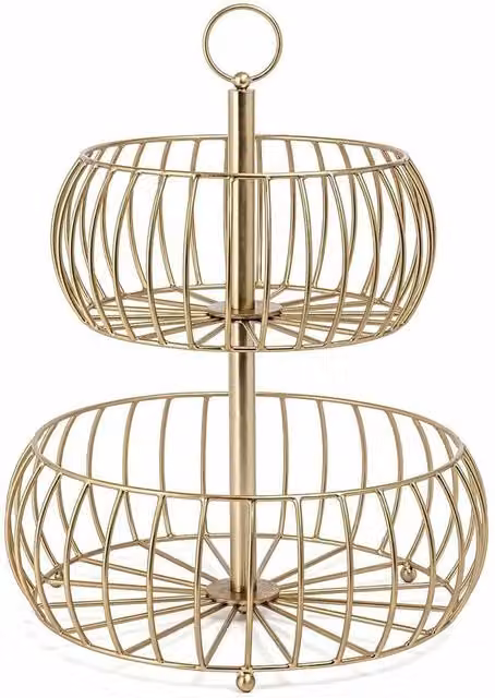 VOGREX 2-Tier Metal Wire Fruit Basket Stand in Gold