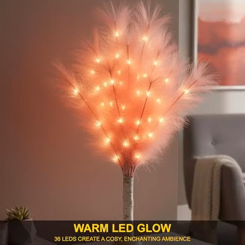 SHATCHI Pink Feather Tree Table Lamp with Warm White LEDs, Battery-Operated, Height: 70 cm – 3