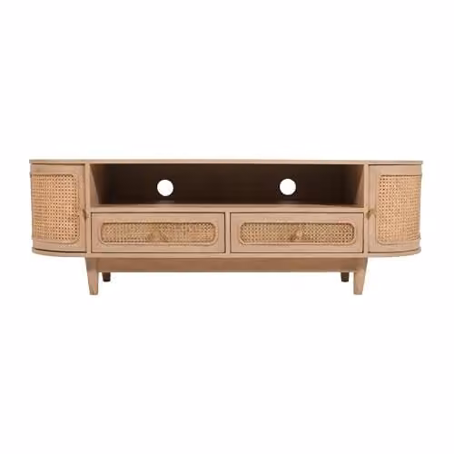Indian Hub Valencia Modern Mango Wood and Rattan TV Cabinet with 2 Drawers and 2 Doors, Brown, W: 152 cm, D: 40 cm, H: 50 cm – 1