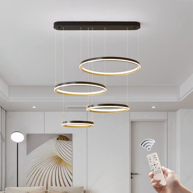 NIVOR Modern 4 Ring LED Pendant Light, Dimmable Hanging Chandelier with Remote Control, Black and Gold/Brass