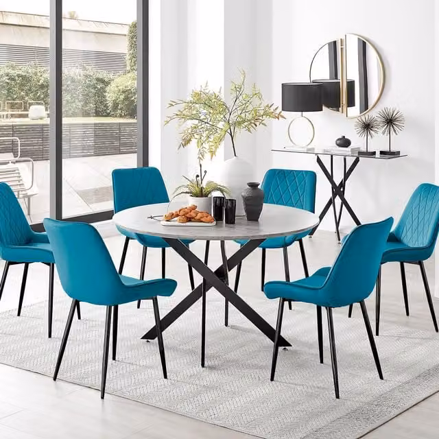 FurnitureboxUK Novara Grey Concrete Effect Round Dining Table and 6 Pesaro Blue Upholstered Chairs with Black Legs