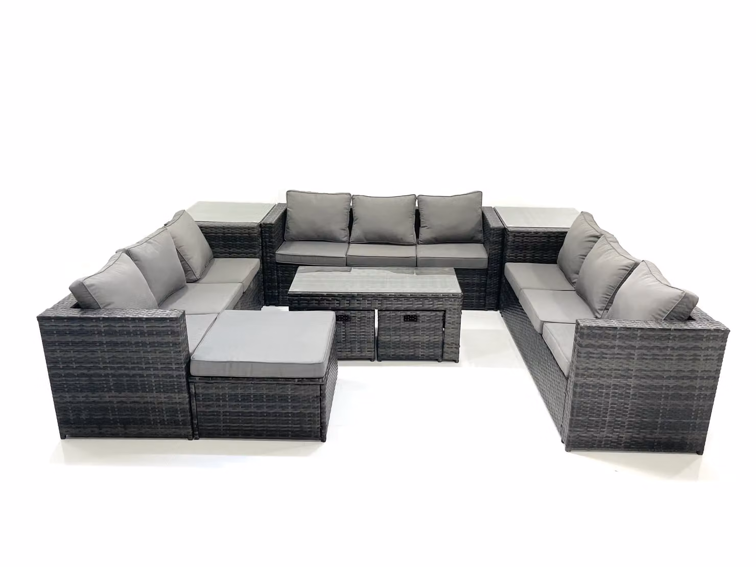 Fimous 9 Piece Rattan Garden Furniture Set in Dark Grey with U-Shape Sofa, Coffee Table and Footstools – 2