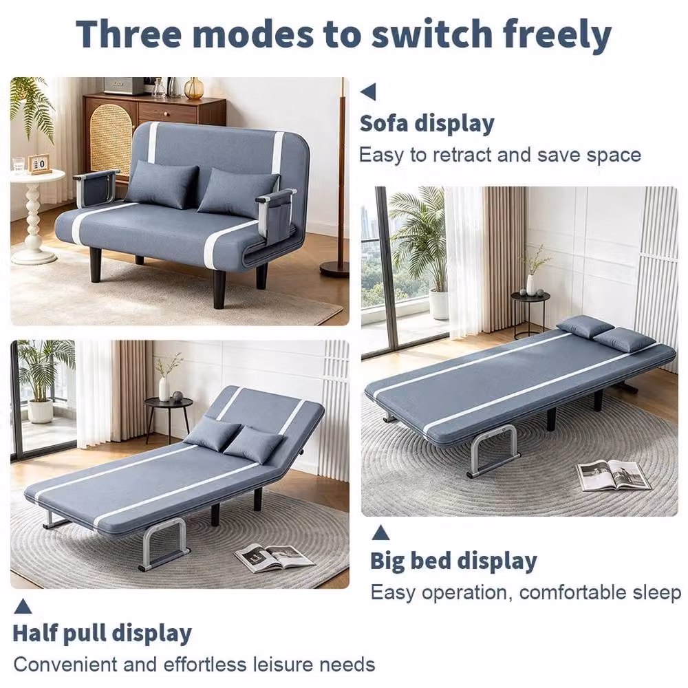 PAWNORA Grey Fabric Double Sofa Bed Sleeper with Click-Clack Recliner Function – 3