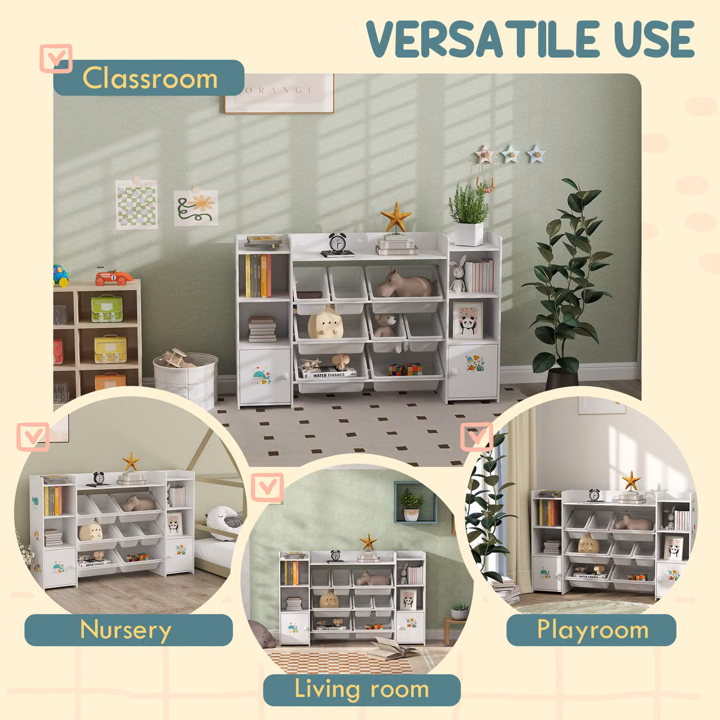 AIYAPLAY Kids Toy Organiser and Storage Unit with 8 Removable Bins and Bookshelf, White – 4