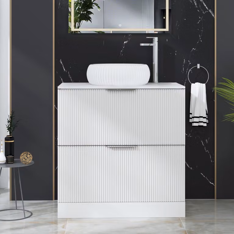 Royal Bathrooms Evora 800mm Matt White Fluted Floor Standing Countertop Vanity Unit with 2 Drawers and Milan Basin