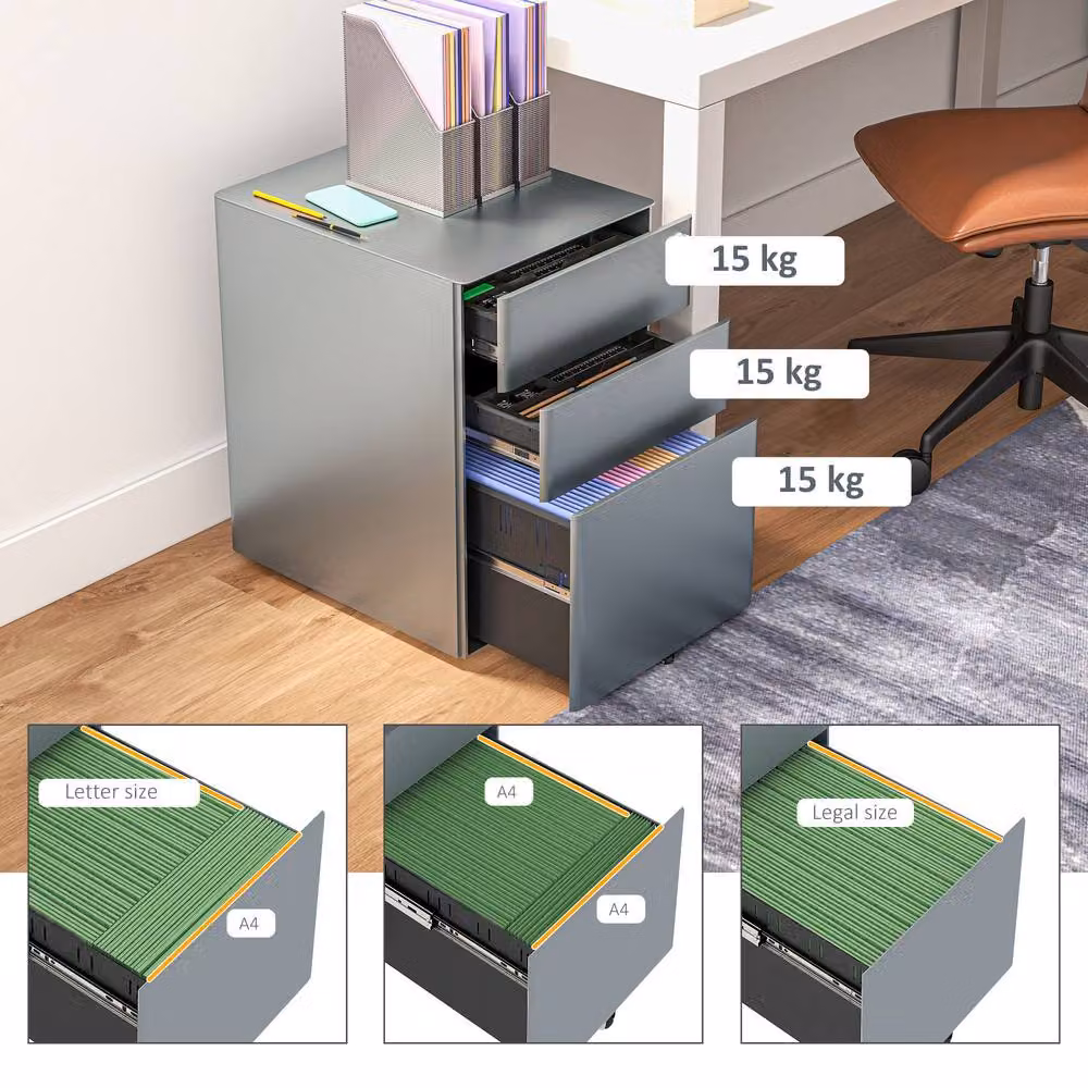 STILVORA Grey Steel Filing Cabinet with 3 Lockable Drawers – 6