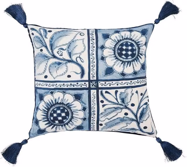 V & A Scrolling Carnation Floral Cotton Cushion in Blue and White, W/D/H: 45 x 45 x 45 cm