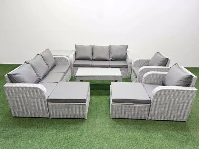 Fimous Grey PE Rattan Lounge Sofa Set with 3 Seater Sofa, Reclining Chair, 2 Ottomans, Coffee Table and Side Table