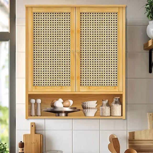 KORVIXA 3 Tier Wall Mounted Wooden Bathroom Medicine Cabinet in Natural Brown, W: 70 cm, H: 65 cm – 1