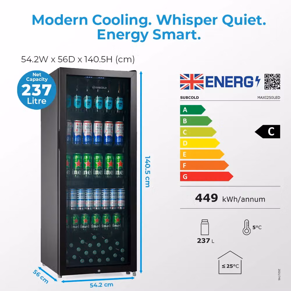 Subcold MAXI250LED Tall Drinks Fridge with Glass Door, 237L Capacity, Lockable and Reversible, Black or Silver – 8