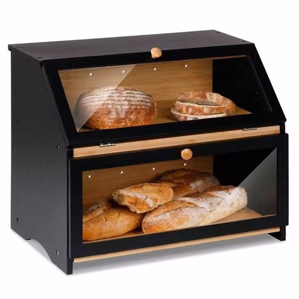 Ventryn 2-Tier Bamboo Bread Box in Black for Kitchen Countertop Loaf Storage – 3