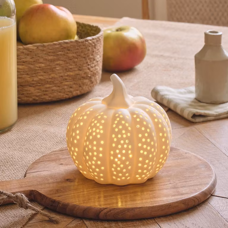 Lights4fun Matte White Porcelain LED Pumpkin Tabletop Decoration