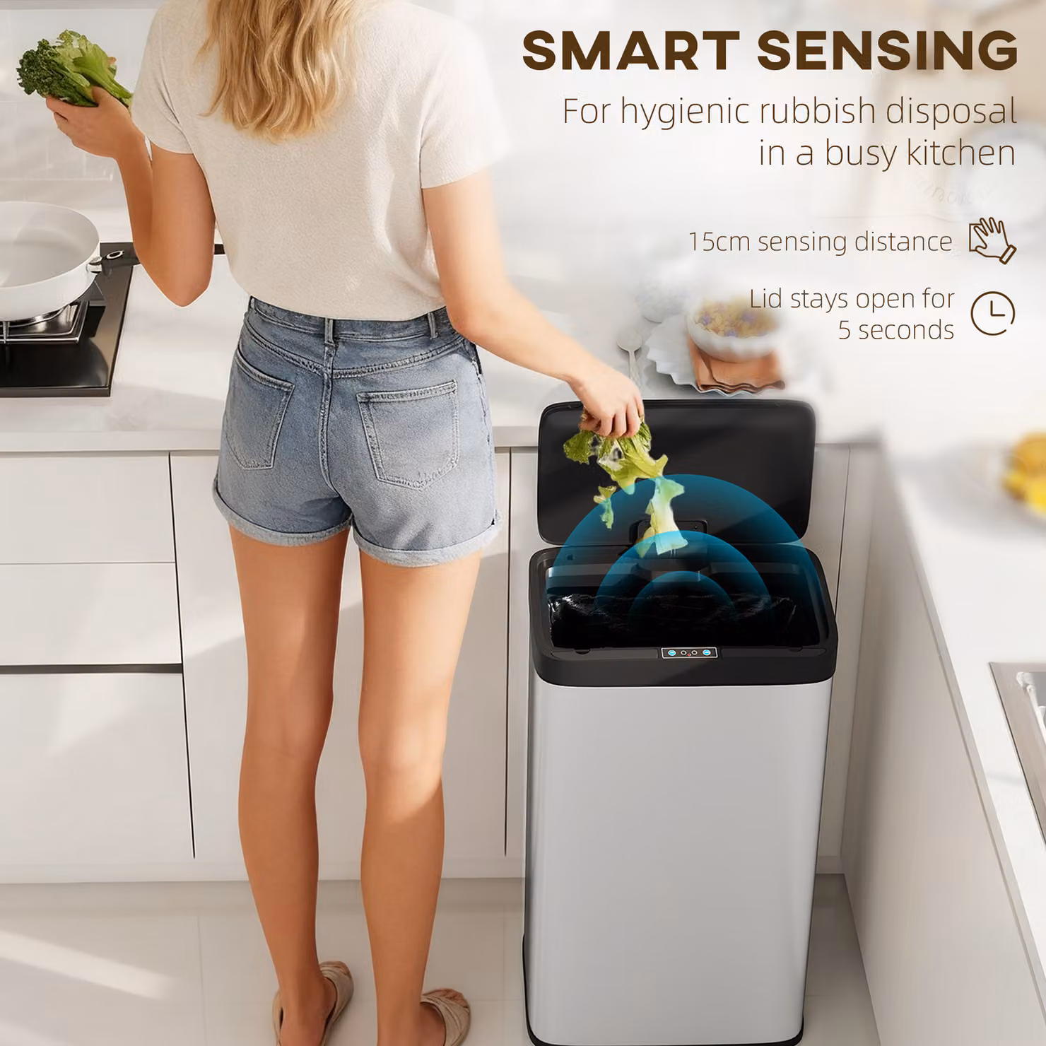 HOMCOM 45L Stainless Steel Sensor Bin with Soft-Close Lid and Removable Inner Bucket, Silver Tone – 4