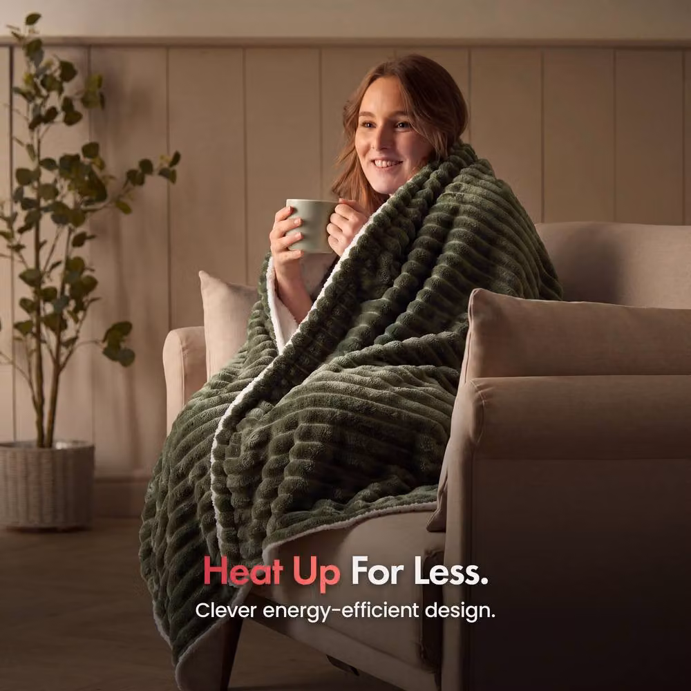 VonHaus Faux Fur and Flannel Heated Throw Blanket in Olive Green – 2