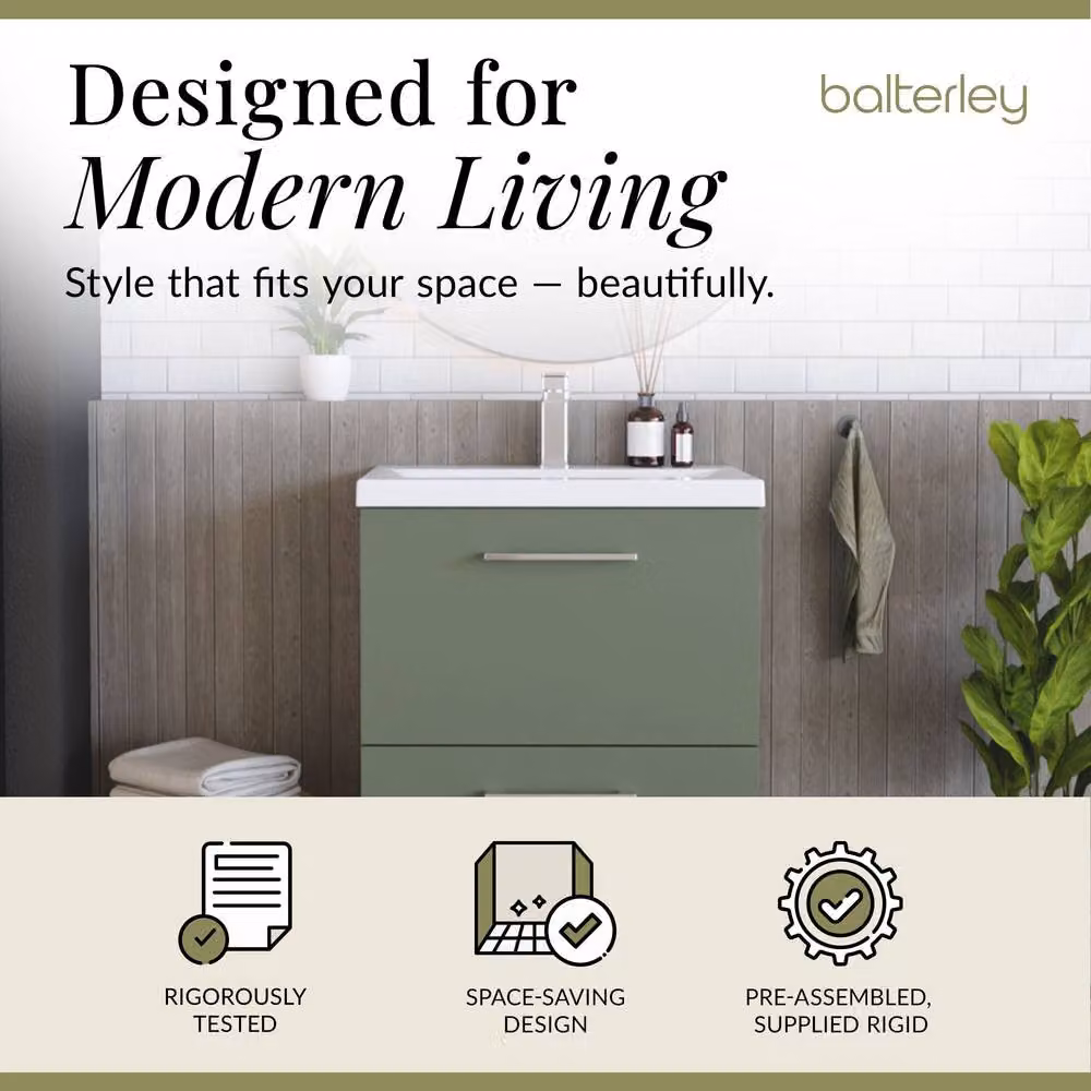 Balterley Modern Satin Green Floor Standing Bathroom Vanity Unit with 2 Soft-Close Drawers and Mid-Edge Basin, W: 61 cm, D: 39 cm, H: 84 cm – 2