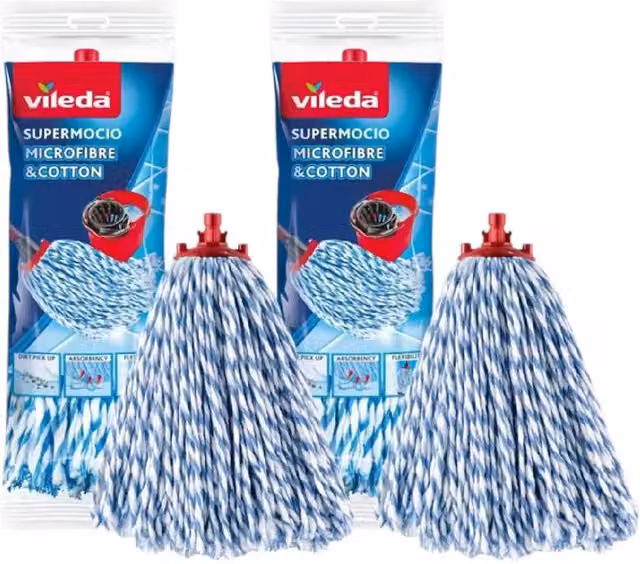 Vileda Supermocio Microfiber and Cotton Mop Refill Replacement Heads for Corner Cleaning, Blue, Pack of 2