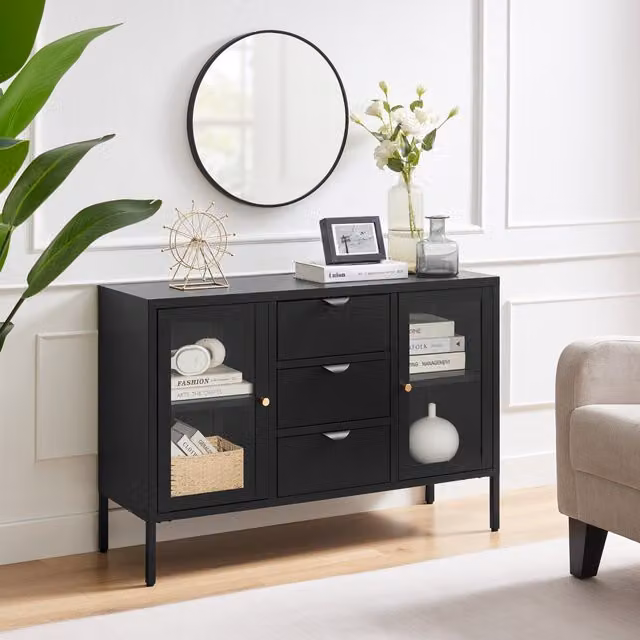 FurnitureboxUK Kafe Modern Industrial Metal and Glass Sideboard in Black and Gold